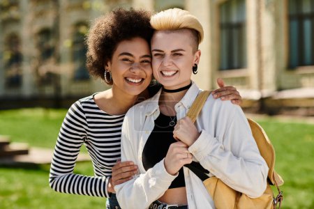 Foto de Una pareja lesbiana multicultural, posando juntos en un elegante atuendo al aire libre cerca de un campus universitario. - Imagen libre de derechos