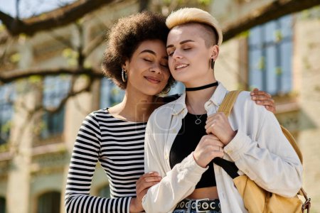 Téléchargez les photos : Deux jeunes femmes, un couple lesbien multiculturel, s'embrassent chaleureusement devant un bel immeuble sur le campus. - en image libre de droit