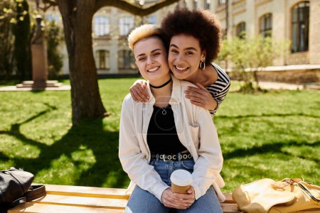 Téléchargez les photos : Deux jeunes filles en tenue décontractée, profitant d'un moment paisible ensemble sur un banc dans un cadre de parc serein. - en image libre de droit
