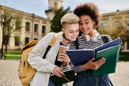 Téléchargez les photos : Deux jeunes femmes englouties dans un livre devant un immeuble sur un campus universitaire. - en image libre de droit