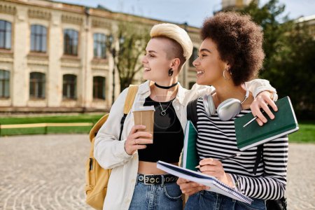 Una pareja lésbica multicultural vestida con estilo se levanta con confianza frente a un edificio histórico en un campus universitario.