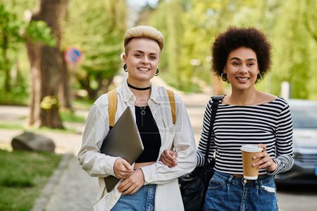Foto de Dos mujeres jóvenes, una negra y otra blanca, caminan por la calle sosteniendo tazas de café, charlando felizmente. - Imagen libre de derechos