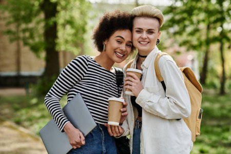 Photo for Two young women in casual attire holding coffee cups and a laptop while chatting in a park setting. - Royalty Free Image
