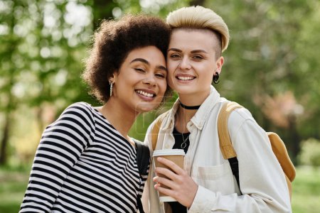 Zwei junge Frauen, stilvoll gekleidet, halten fröhlich Kaffeetassen in einem lebhaften Park in der Nähe eines Universitätscampus.