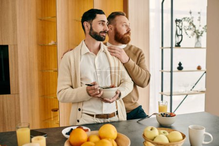 Two bearded men, a happy gay couple, stand in a modern kitchen, enjoying quality time together.