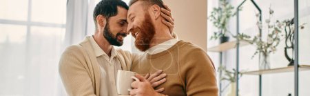 Foto de Two men wrapped in a warm hug inside a cozy living room, showcasing love and togetherness. - Imagen libre de derechos