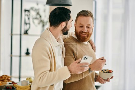 Two bearded men stand before a bowl of cereal in a cozy modern apartment, enjoying quality time together.