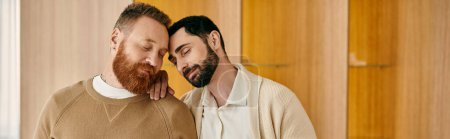 Two happy gay men hug each other warmly in a modern apartment, displaying their love and connection.