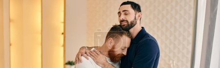 Two men, a happy gay couple, embrace in a room filled with warmth and love, sharing a tender moment of connection.
