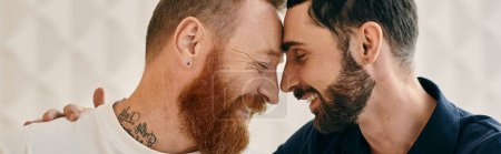 Two bearded men in casual attire share a moment, gazing into each others eyes with love and intimacy.