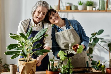 Two women in aprons plant a green foliage in a pot, nurturing new growth.