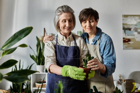 Foto de Dos mujeres en delantales cuidan de una planta en maceta juntas. - Imagen libre de derechos