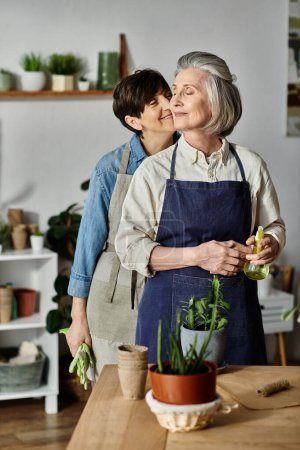 Two women tending potted plants in a cozy kitchen.
