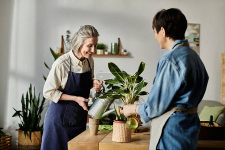 Mature couple, love-filled, watering plant in kitchen.
