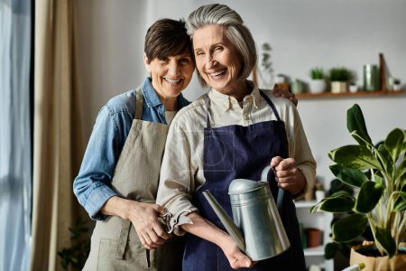 Téléchargez les photos : Deux femmes dans des tabliers debout ensemble dans une cuisine. - en image libre de droit