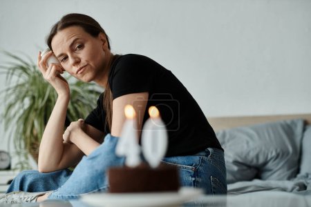 Middle-aged woman in deep thought sits with birthday cake in front of her.