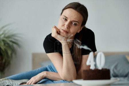 Téléchargez les photos : Middle-aged woman sits with cake. - en image libre de droit
