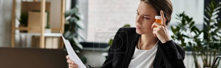 Foto de A middle-aged woman sits at a desk, reading a paper with a look of concentration. - Imagen libre de derechos
