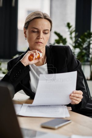 Middle-aged woman in business attire scrutinizing a document with a sense of despair.