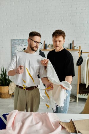Two men collaborate on designing fashionable attire in a stylish workshop.