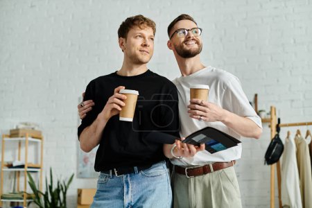 Two men in a designer workshop stand together, holding coffee cups.