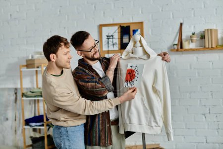Zwei Männer, ein schwules Paar, stehen in einer Designerwerkstatt und entwerfen trendige Kleidung.
