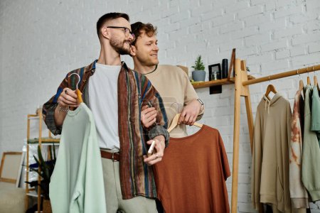 Foto de Dos hombres, socios enamorados, de pie en un taller de diseño creando atuendo de moda juntos. - Imagen libre de derechos