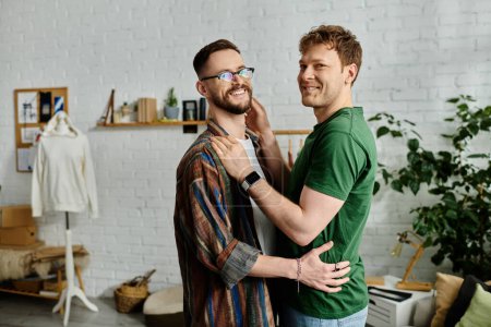 Two men, a gay couple, stand together in a designer workshop, discussing and creating trendy attire.