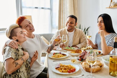 Téléchargez les photos : Diverse friends gather around a table for a meal filled with laughter and love. - en image libre de droit