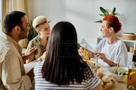 Lesbian couple and diverse friends enjoying a meal at a table.