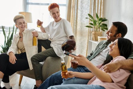 Diverse group of friends and loving lesbian couple relaxing in a warm living room setting.