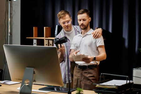 Dos hombres, con atuendo casual, trabajan juntos en una computadora en un entorno de oficina.