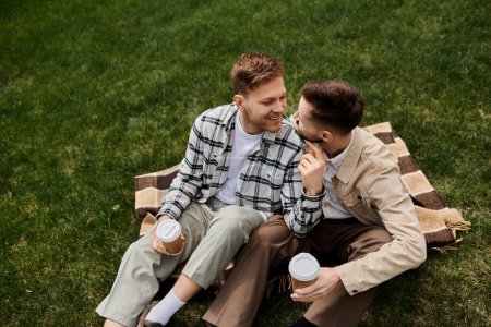 Un couple d'hommes en tenue décontractée assis sur un champ herbeux luxuriant.