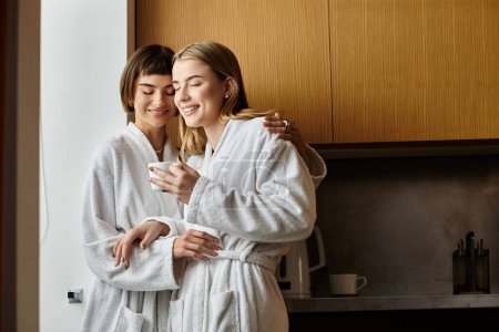 Téléchargez les photos : Un jeune couple de lesbiennes en peignoirs de bain se tient côte à côte dans une cuisine chaude, engageant la conversation et partageant un rire. - en image libre de droit