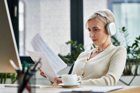 Foto de Una mujer de negocios de mediana edad con el pelo corto, auriculares puestos, lee intensamente un papel en su escritorio en una oficina moderna. - Imagen libre de derechos