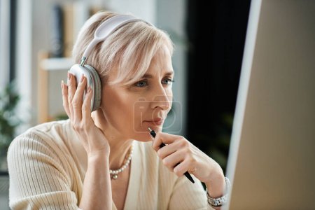 Eine Geschäftsfrau mittleren Alters mit Kurzhaarschnitt konzentriert sich intensiv, während sie Kopfhörer trägt und in einem modernen Büro am Computer arbeitet.