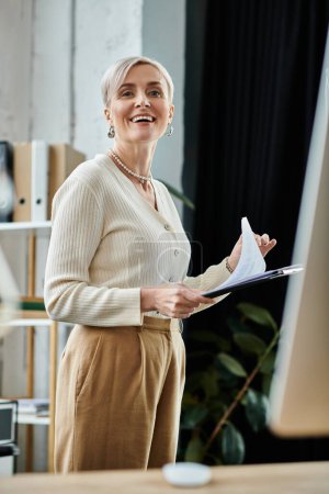 A focused middle aged businesswoman stands in a modern office, working on a computer with determination.