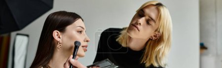 A talented makeup artist uses his skills to enhance the beauty of a female client.