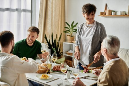 A gay couple enjoys dinner at home with parents.