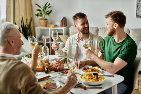 A gay couple shares a meal with parents, toasting to family and love.