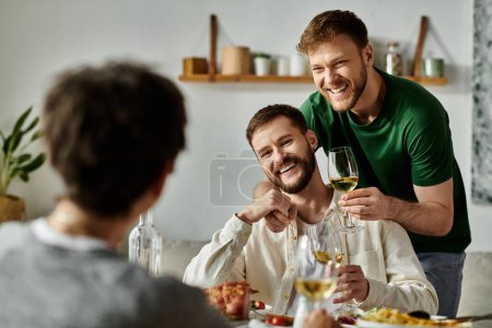 A gay couple enjoys a meal with their family.
