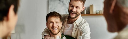 A gay couple smiles and laughs while meeting parents at home.