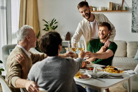 A gay couple enjoys a meal with parents at home, raising glasses in a toast.