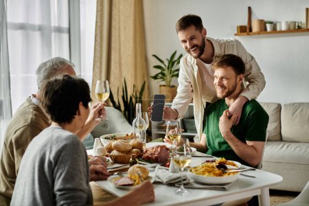 A gay couple introduces their partners to their family during a dinner gathering at home.