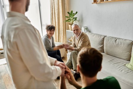 A gay couple introduces their partner to parents in a heartwarming home setting.