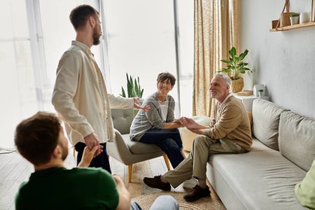 A gay couple introduces their partners to parents in a home setting.