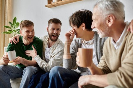 A gay couple enjoys a lighthearted moment with their family, sharing laughter and coffee at home.