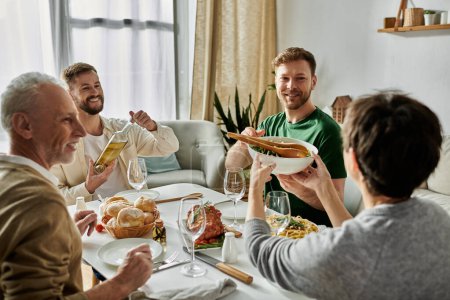 A gay couple shares a meal with their family in a home setting.