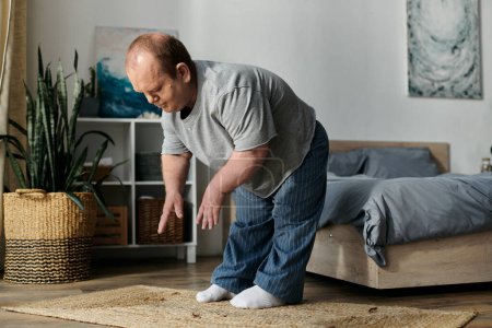 Un hombre con inclusividad en pijama se estira sobre una alfombra en un dormitorio.