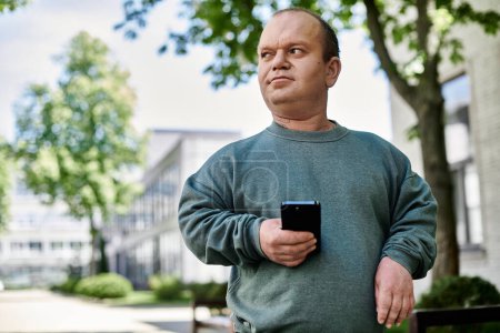 Un hombre con inclusividad camina por una calle de la ciudad mientras mira su teléfono.